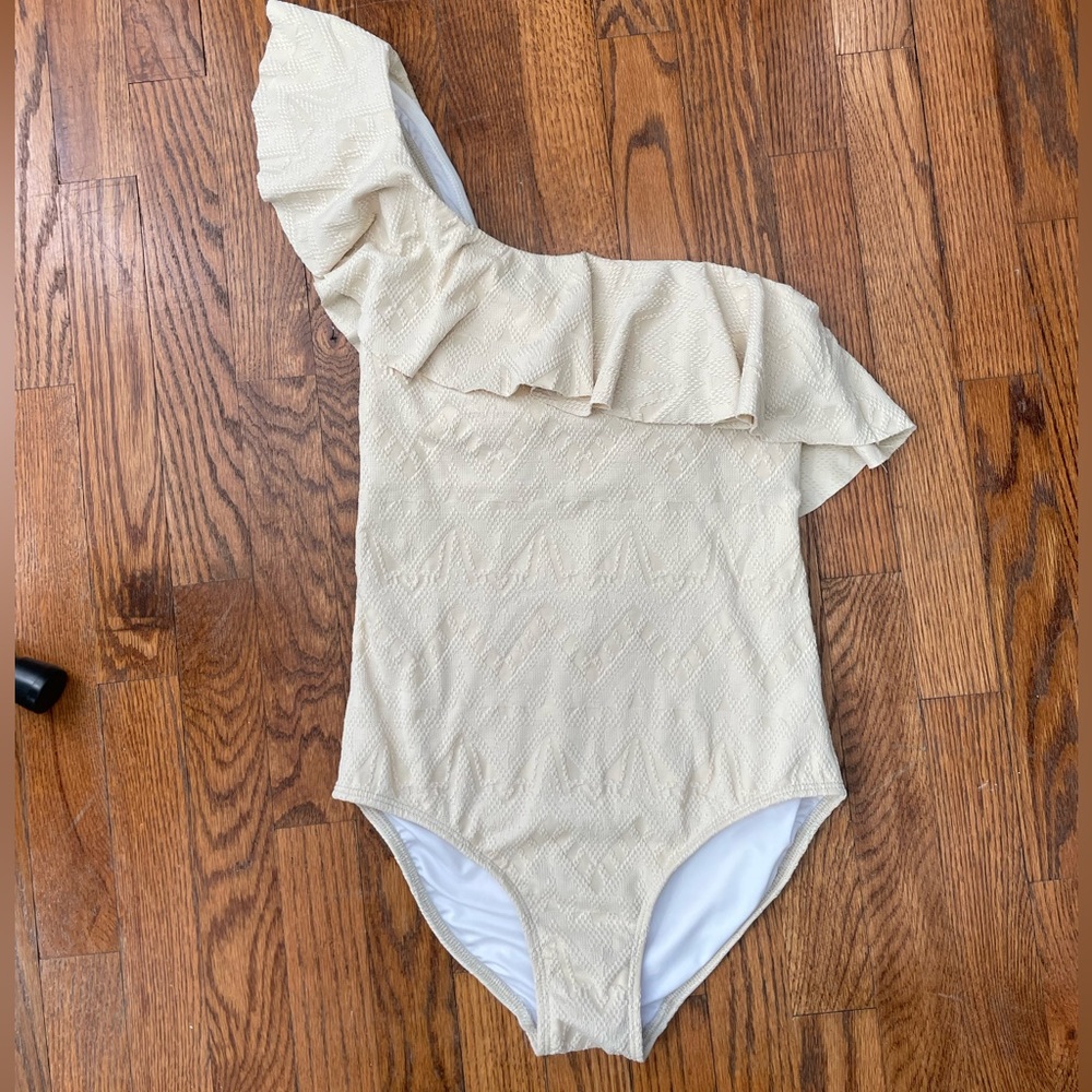 NWT Shoshanna ruffle one shoulder one piece swimsuit, beige texture, size 8